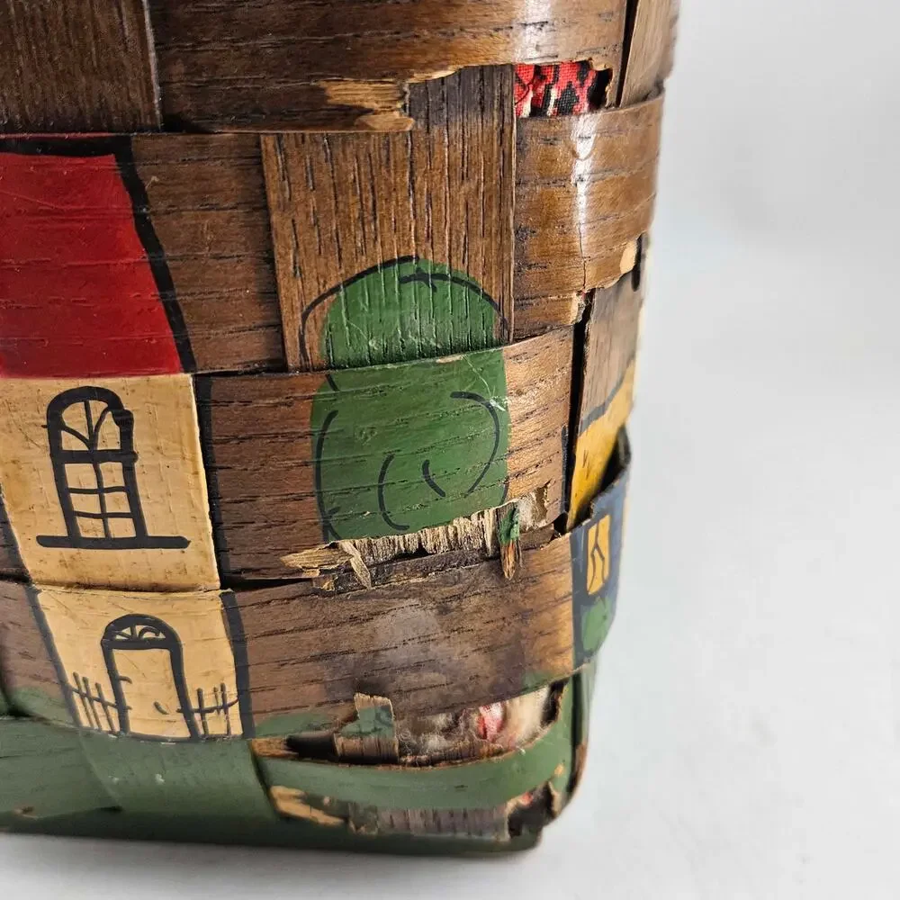 Artist Signed Woven Fabric Lining Basket by Caro Nan Hand painted Vintage - Picture 5 of 8
